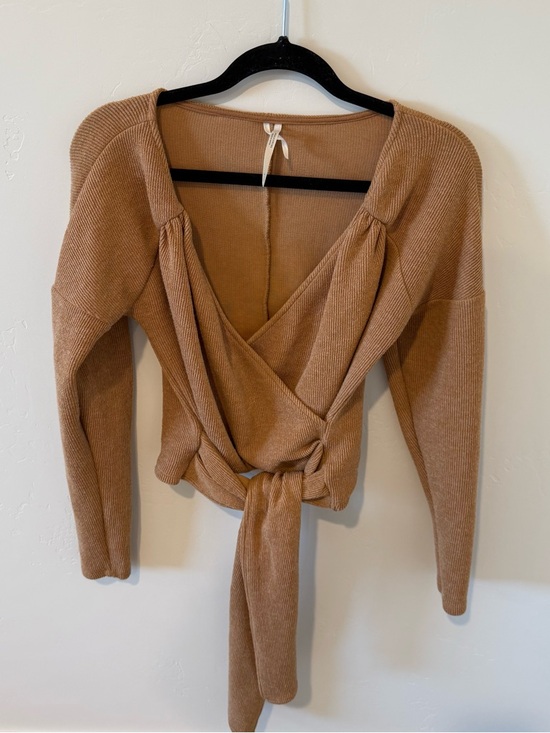 Anthropologie Sweaters - Anthropologie Wrap Front Knit Tie Waist Sweater Camel Womens Small Cozy ribbed